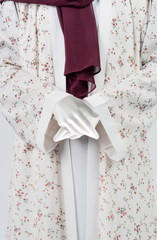 WHITE MAROON PRINTED DOWN BUTTON ABAYA