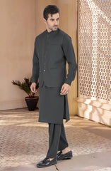 GREY BLENDED KAMEEZ SHALWAR WITH WAIST COAT