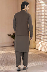 CHOCOLATE-BROWN BLENDED KAMEEZ SHALWAR WITH WAIST COAT
