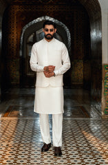 OFF-WHITE KURTA PAJAMA WITH EMBROIDERED WAISTCOAT