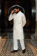 OFF-WHITE KURTA PAJAMA WITH EMBROIDERED WAISTCOAT
