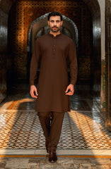 BROWN KURTA PAJAMA WITH EMBROIDERED WAISTCOAT