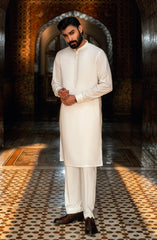 OFF-WHITE KURTA PAJAMA WITH EMBROIDERED WAISTCOAT