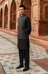 DARK-GREY BLENDED KURTA PAJAMA WITH EMBROIDERED WAISTCOAT
