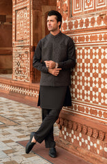 DARK-GREY BLENDED KURTA PAJAMA WITH EMBROIDERED WAISTCOAT