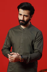 FESTIVE'23 MEN KAMEEZ SHALWAR PLAIN DEEP OLIVE