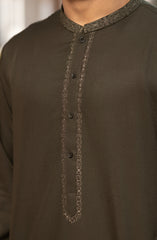 OLIVE BLENDED EMBROIDERED KAMEEZ SHALWAR