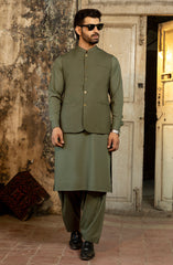OLIVE GREEN KAMEEZ SHALWAR WITH WAIST COAT