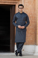 CHARCOAL BLENDED KAMEEZ SHALWAR WITH EMBROIDERED WAISTCOAT