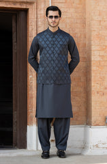 CHARCOAL BLENDED KAMEEZ SHALWAR WITH EMBROIDERED WAISTCOAT