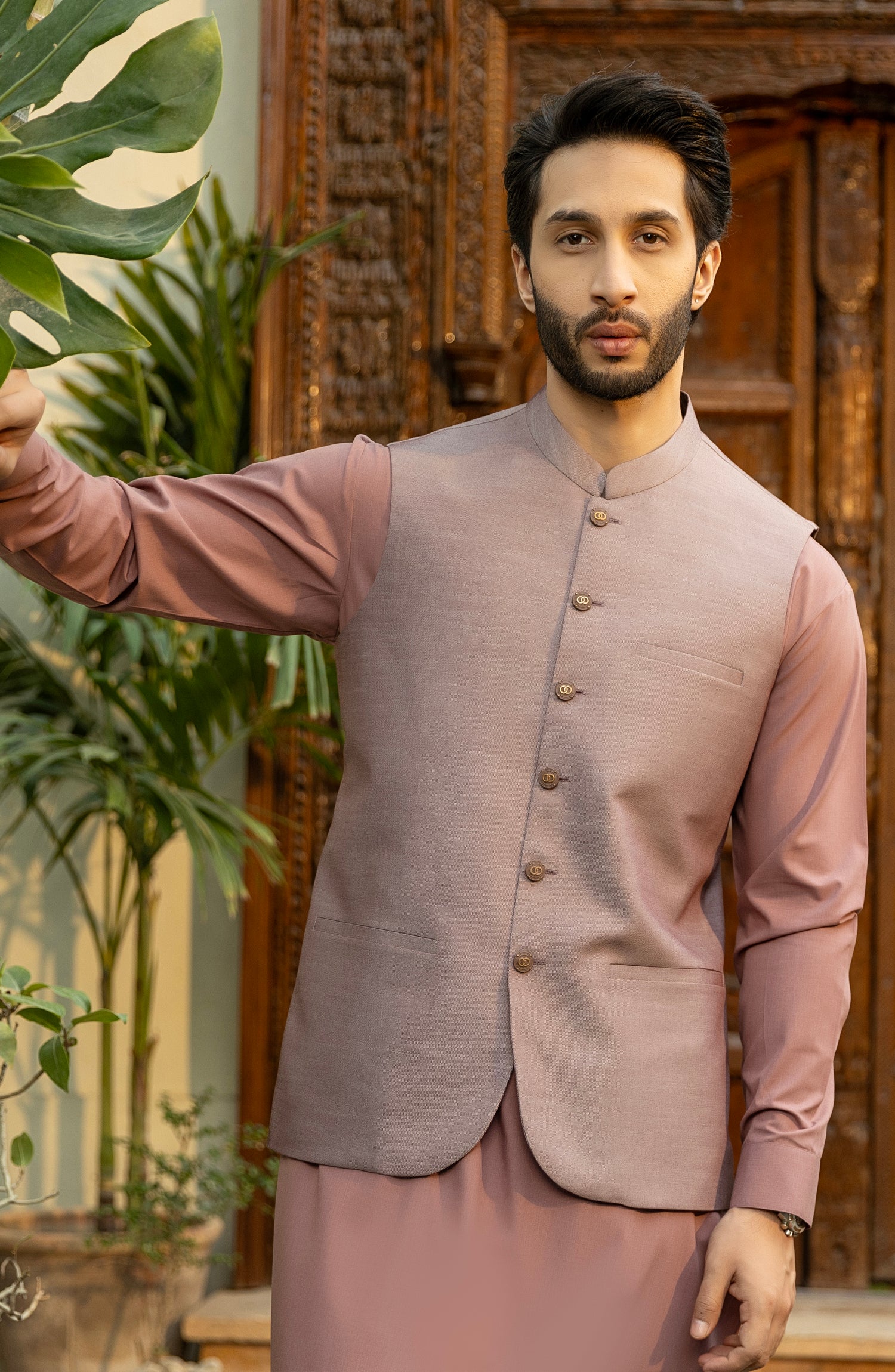 Wasket With Shalwar Kameez MEN KAMEEZ SHALWAR WITH WAIST COAT TEA