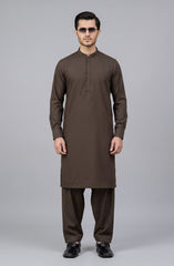 FOREST-BROWN BLENDED KAMEEZ SHALWAR WITH EMBROIDERED WAISTCOAT