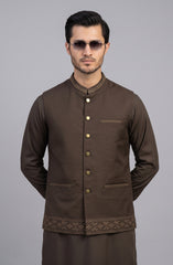 FOREST-BROWN BLENDED KAMEEZ SHALWAR WITH EMBROIDERED WAISTCOAT