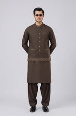 FOREST-BROWN BLENDED KAMEEZ SHALWAR WITH EMBROIDERED WAISTCOAT