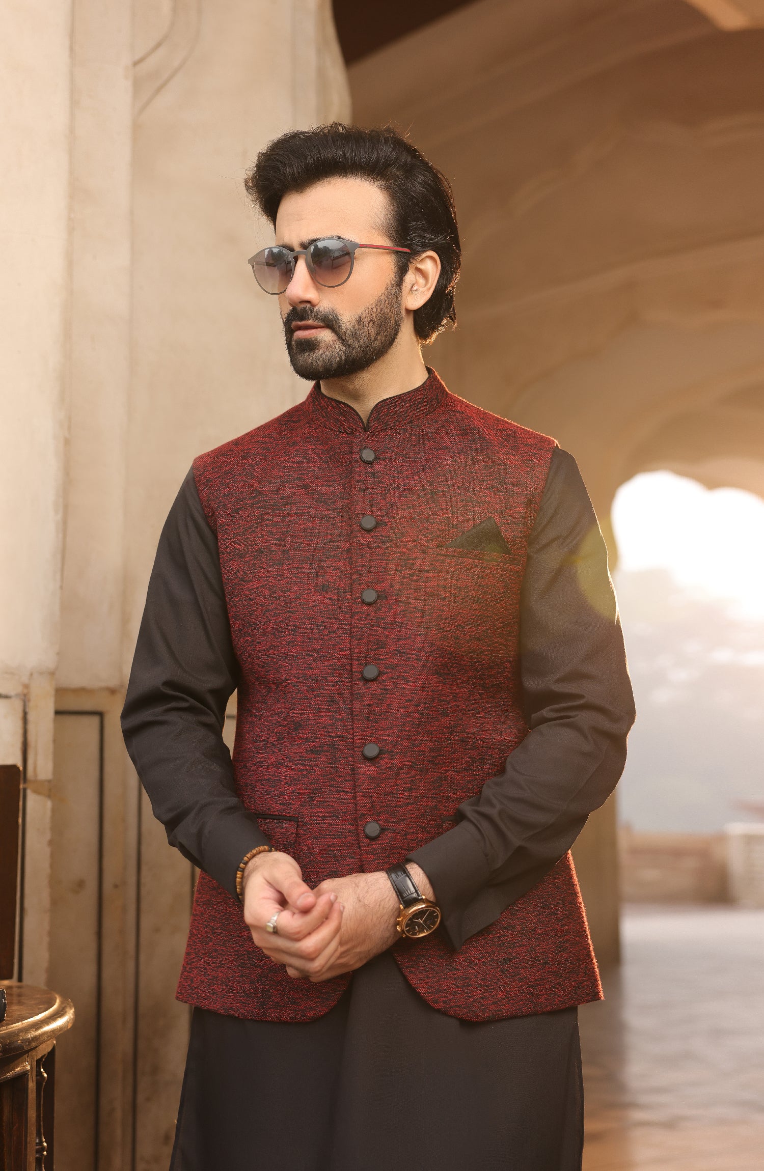 SUMMER'22 MEN KAMEEZ SHALWAR WITH WAIST COAT BLACK MTJ
