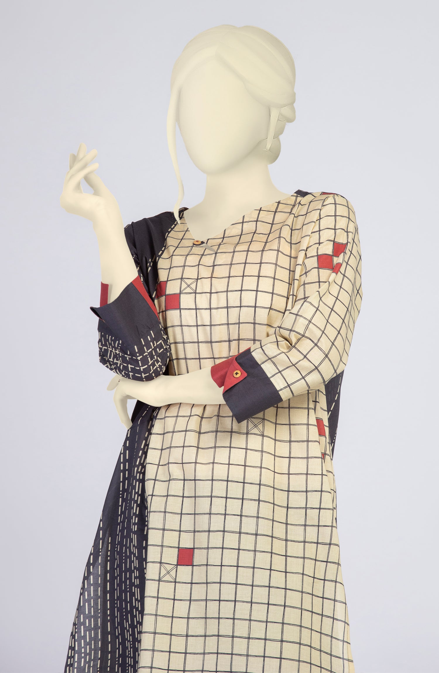 Blue checked cotton straight Kurtis with handwork & side pocket